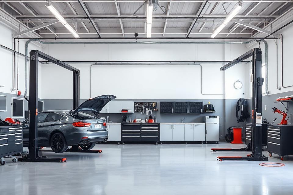 Bright organized car repair workshop with two vehicle lifts