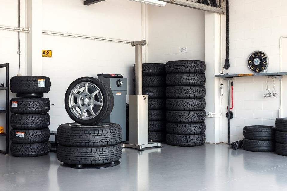 Tire service area with balancing machine and new tires