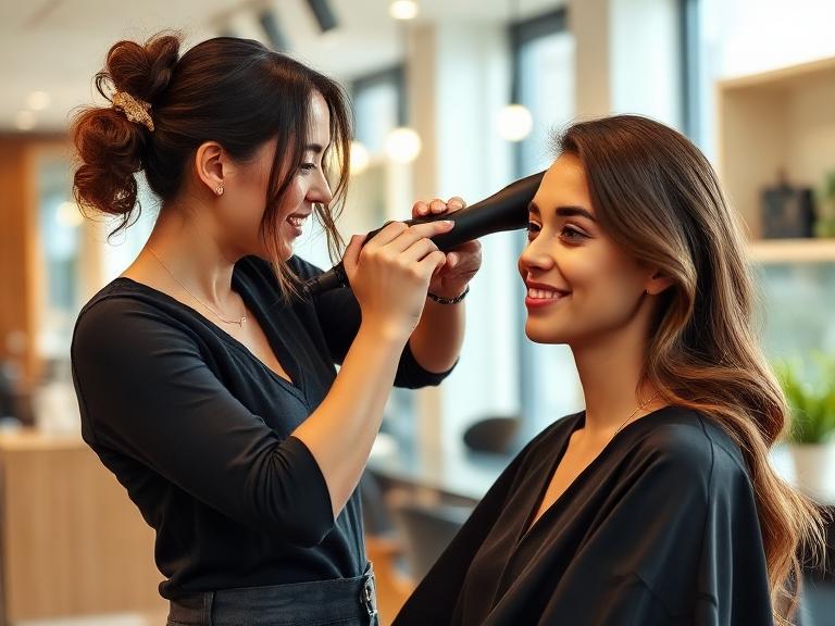 Stylist blow drying and styling a client's hair