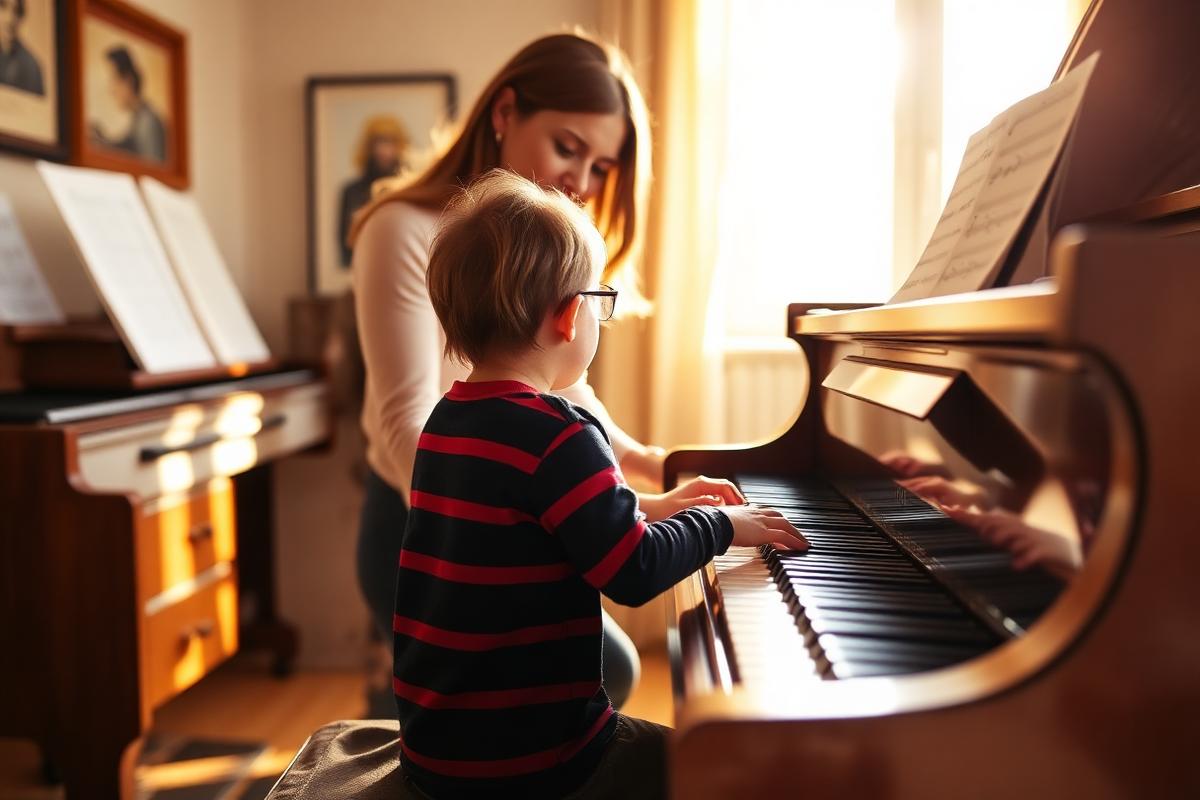 Music teacher guiding a young student at the piano