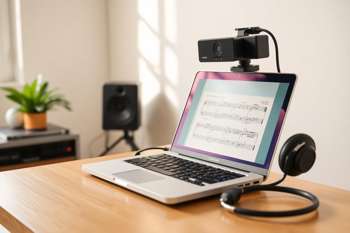 Online lesson setup with laptop, webcam and sheet music
