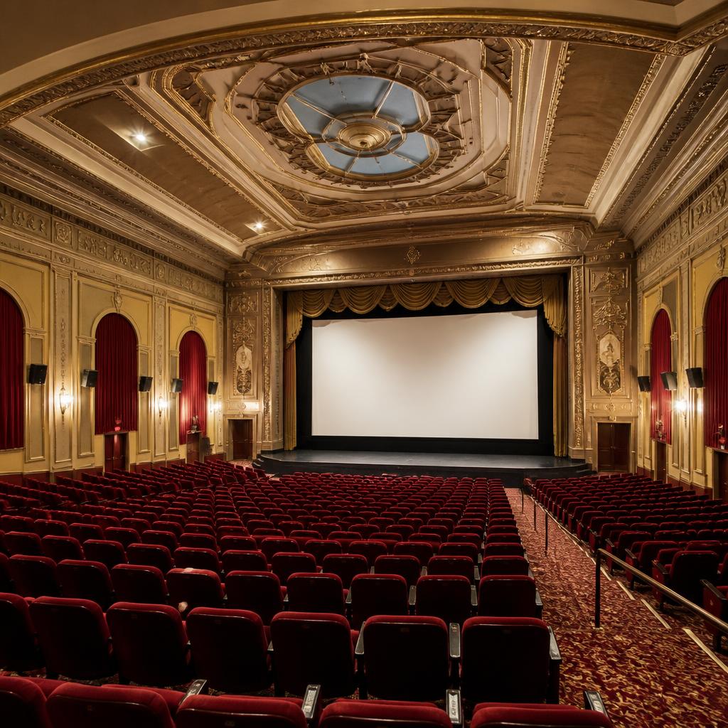 Ornate cinema auditorium with red velvet seats and a large screen