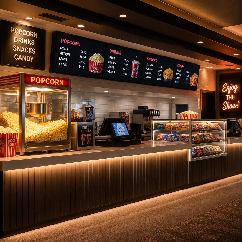 Modern concession stand with popcorn, drinks and snacks