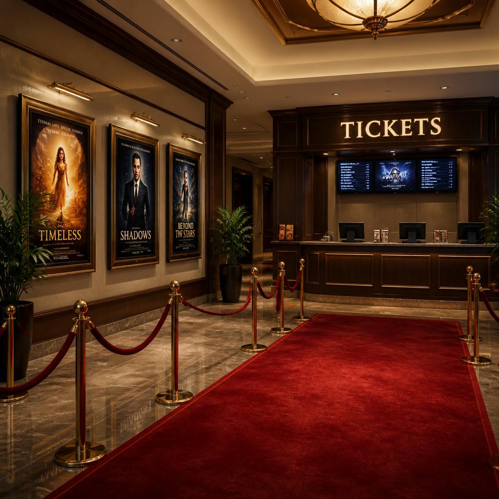 Elegant theatre lobby with ticket counter and red carpet