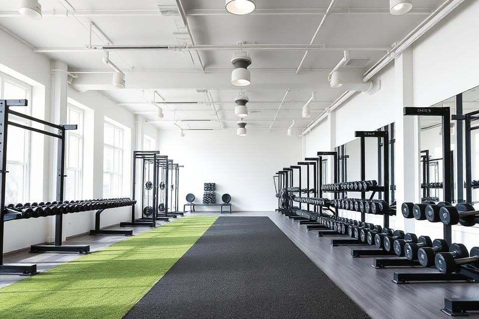 Bright boutique gym interior with racks and dumbbells