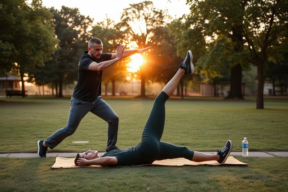 Outdoor personal training session in a park at sunrise