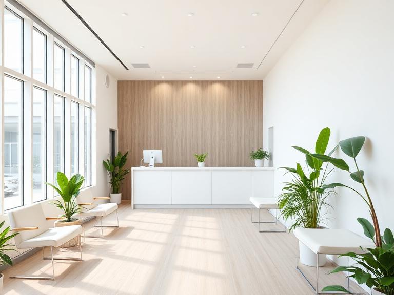 Bright dental practice reception and waiting area