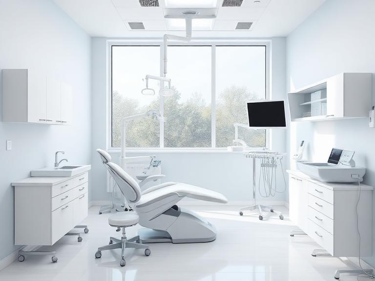 Modern dental treatment room with chair and equipment