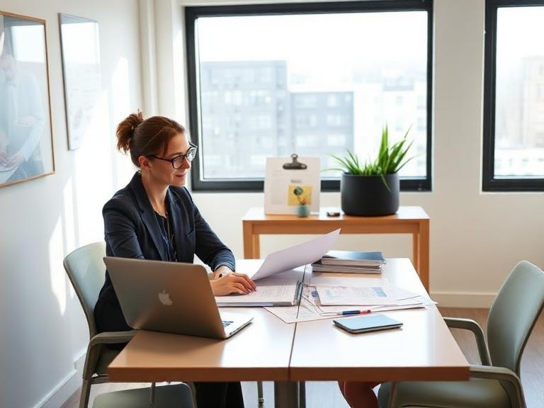 Advisor reviewing client documents in a bright office