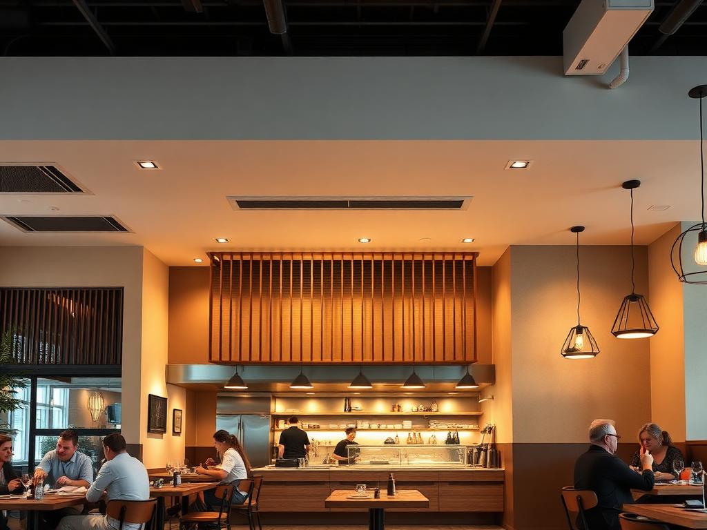 Modern restaurant interior with open kitchen and warm lighting