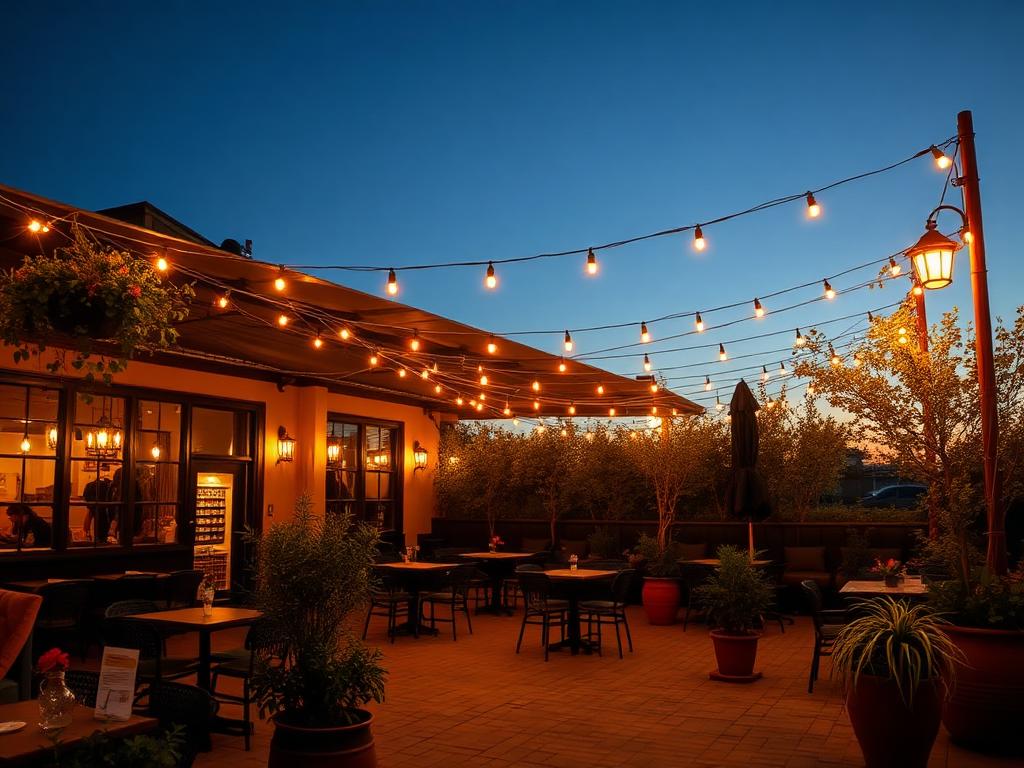 Outdoor patio at dusk with string lights and potted plants