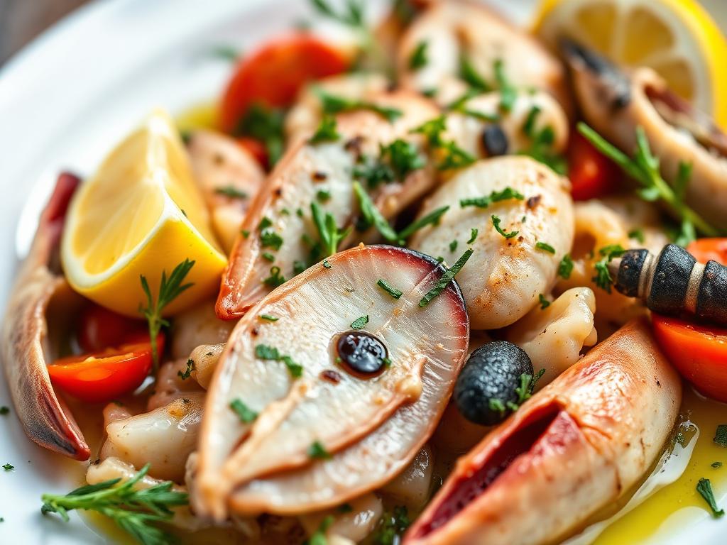 Close-up of a Mediterranean seafood dish with herbs and olive oil