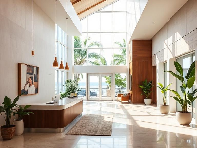 Bright hotel lobby with ocean-facing windows