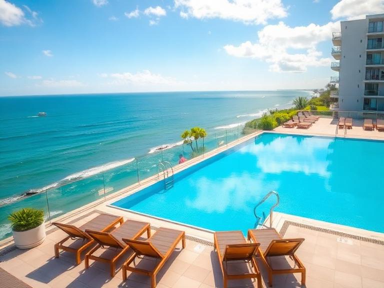 Rooftop pool with sun loungers overlooking the ocean