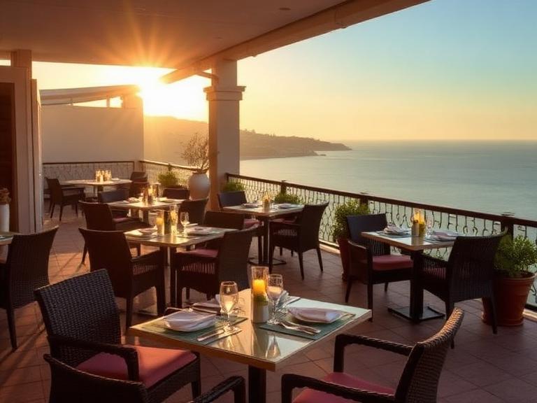 Terrace breakfast restaurant at sunset